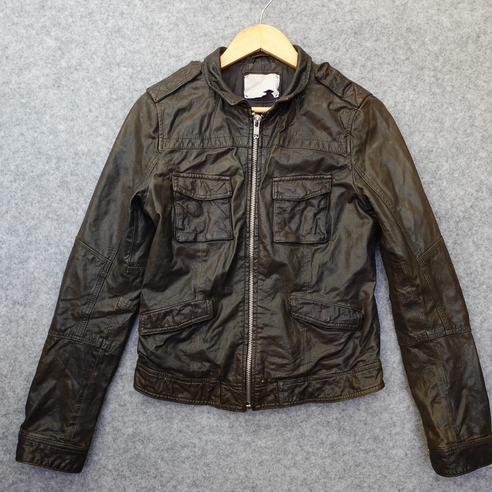 Q40 Leather Jacket Womens XS S Brown Fitted Moto Biker Distressed Y2K Utility